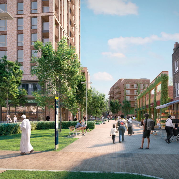 People strolling down a wide footpath, next to green spaces, trees and a tall new homedevelopment