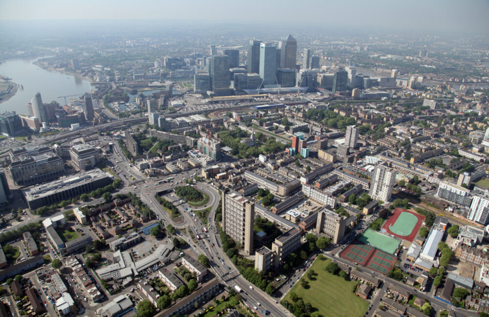 Aerial view of Poplar and Canary Wharf